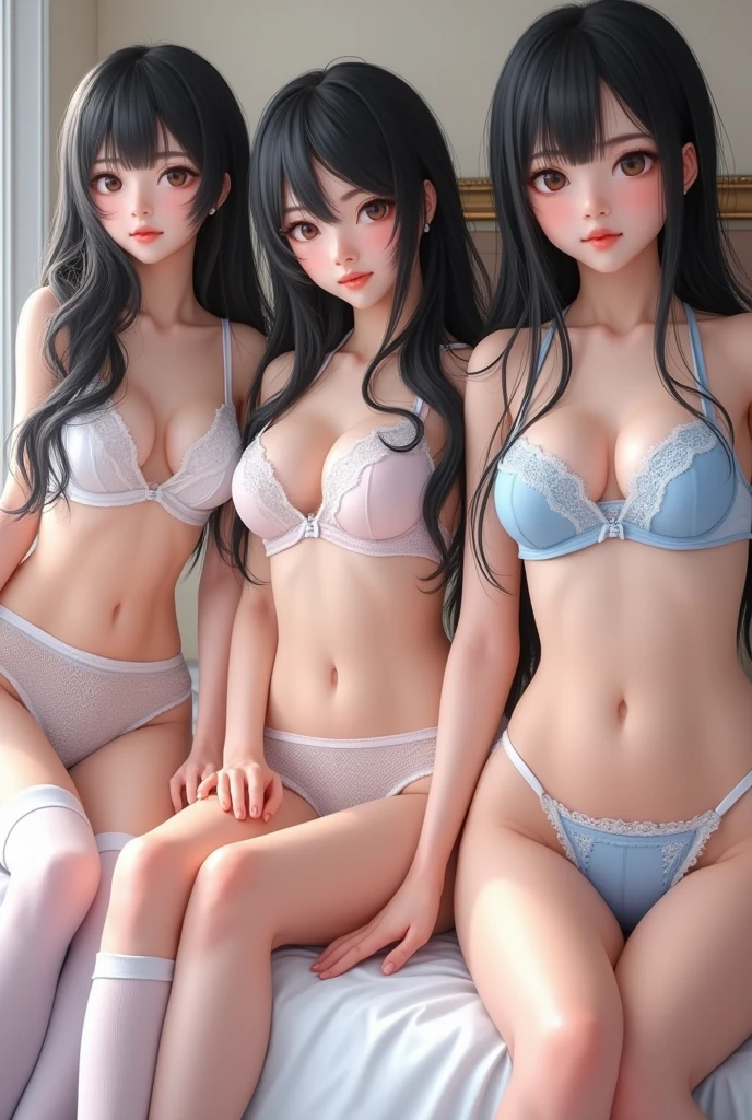 3 Girls,(Open Good:1.8),jewelry,(Bowbra:1.8),White ribbon,Pale skin, ring,Highest quality,Very detailed,High resolution,8k,RAW Photos,Realistic,Depth of written boundary,Vibrant colors,(Fishnet stockings Knee socks:1.2),(garter belt:1.2),(Angle where you can see the whole body:1.3),Shaving ,(Browsing Caution:1.1),Black Hair,(White and blue lingerie:1.4), (Cute Lace Lingerie:1.8), (Crotchless panties:1.9), Nippleless clothing Beautiful face details:1.3),(See-through lingerie:1.1),(From below:1.2),Nipples with beautiful details