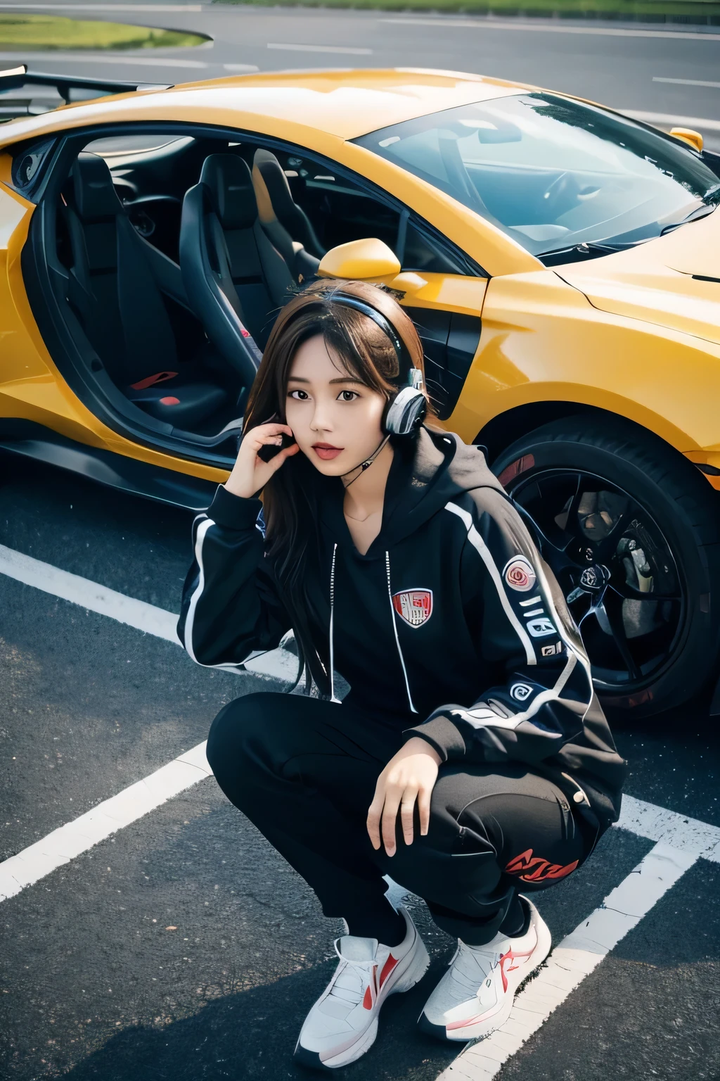 A girl wearing a headset records sports car sounds