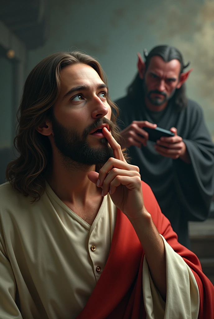 Jesús de nazareth Mewing, he has a finger in his mouth doing "shh" while behind the devil playing with a Nintendo switch.