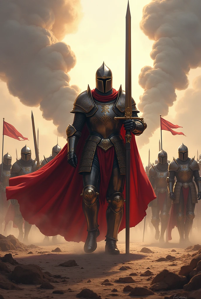A png commander victorious knight holding a sword with 3 soldier knights