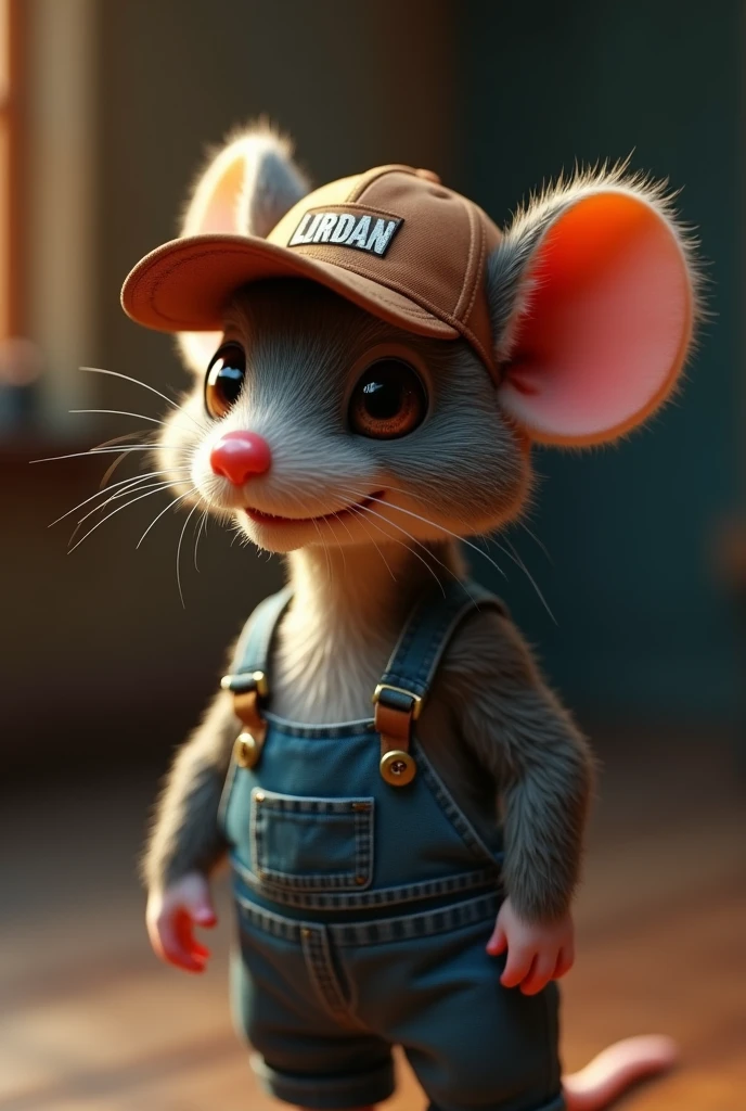 A close up of a small click of a typical mouse cursor wearing overalls and a short round professional 3d model hat, Shaggy, opossum, possum, long nose and stained overalls trucker hat . octane rendering, highy detailed, Volumetric, dramatic lighting