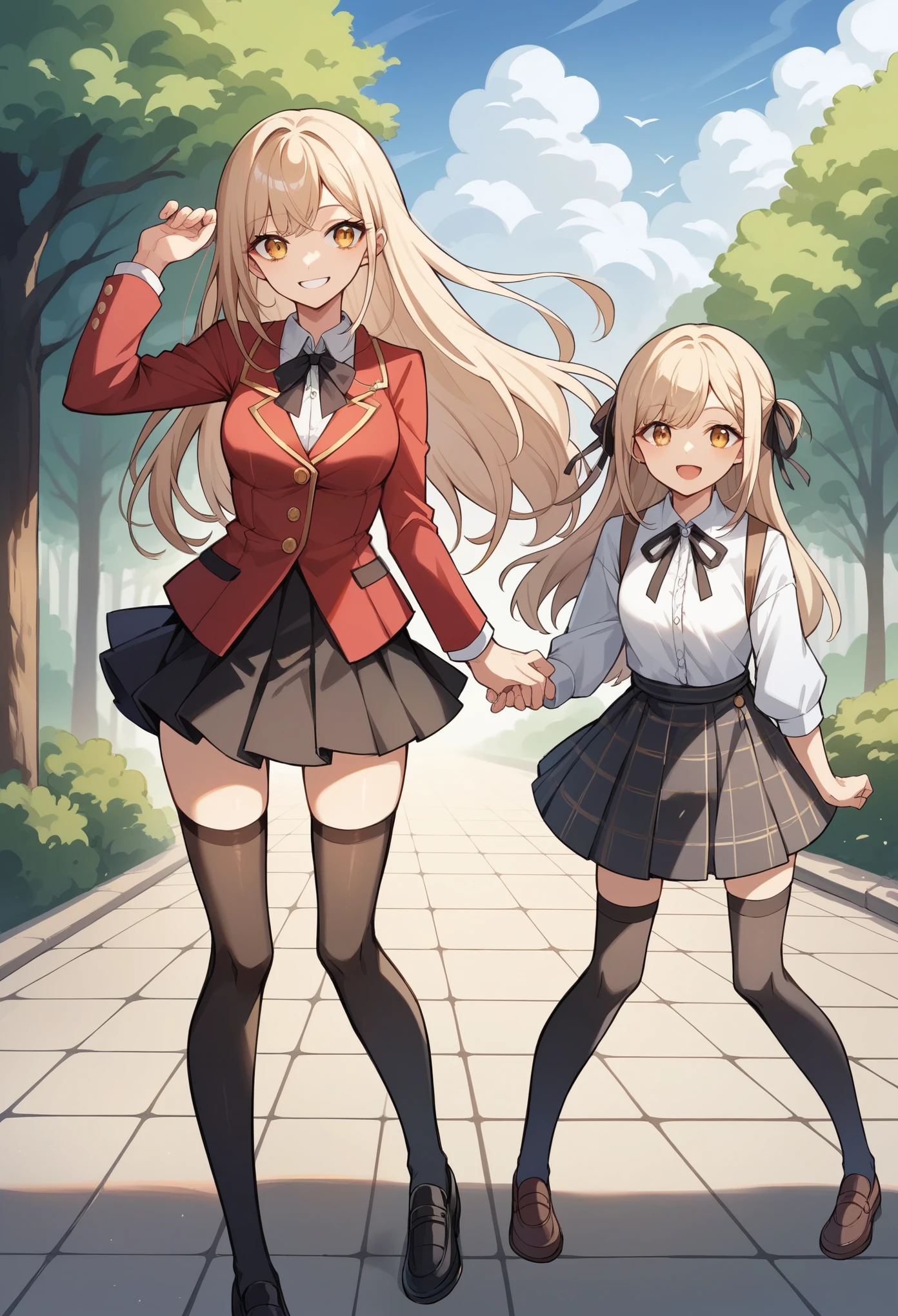 (masterpiece:1.2, Highest quality),(anime), 17-year-old girl,,smile,Golden Eyes,Beige hair,Half Up,Long Hair,Black Ribbon,Cutting bangs,Wearing a dress over a white shirt,Checkered clothing, Black mini skirt,Red blazer with gold trim,Black Stockings,Tree-lined street