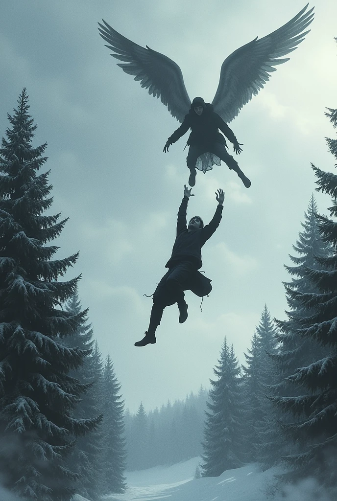 Book cover with a man falling from the sky, Below it there is a forest. A man with wings tries to reach him and above him there are many clouds, It's snowing a little and you can see the snowflakes in the distance, They are both dressed in black and the one who is falling is lying on his back, unconscious.