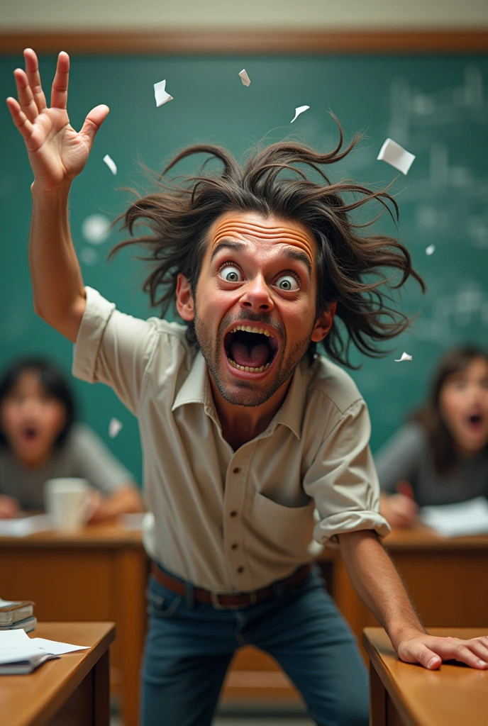 Disheveled teacher freaking out in the classroom.