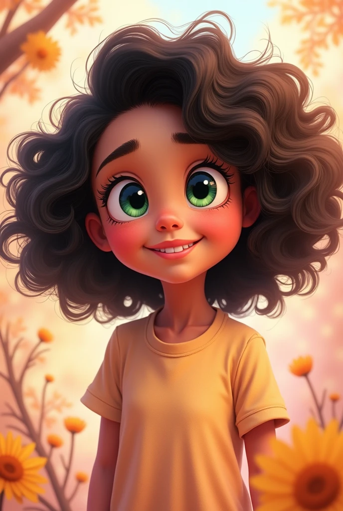 Cartoon of a girl with black hair, crespo, green eyes and full body 