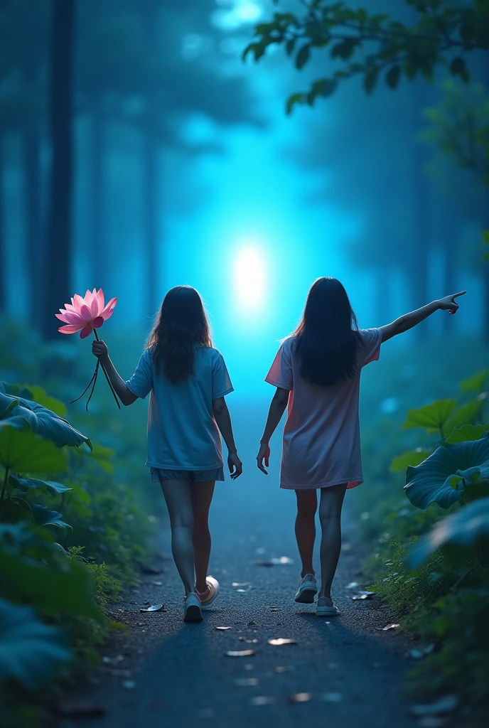 Two perfect young people walking forward on a path, one friend holding a bunch of lotus flowers in one hand and pointing the other towards a light, the other friend is pointing towards a bright blue light in the distance, a scene of light in the distance, realistic picture, attractive pic