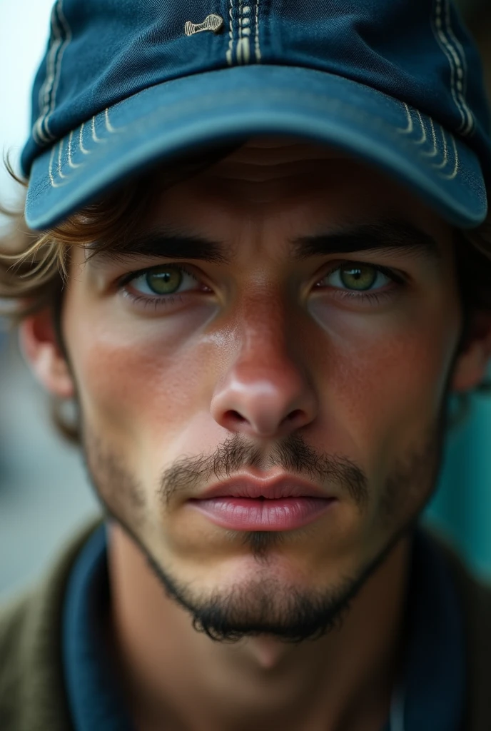 22 year old man showing part of his face with green eyes and a low quality blue cap