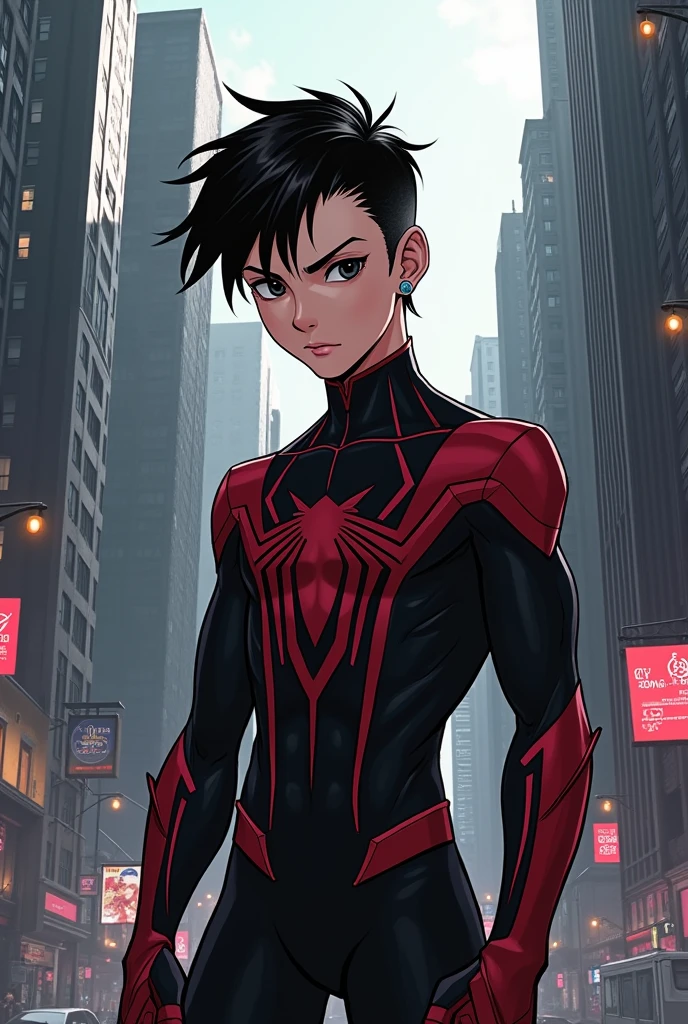 Marvel Comic Panel: A black-eyed boy with black cut hair and piercings wearing a black and red spiderman suit in a city with a stare