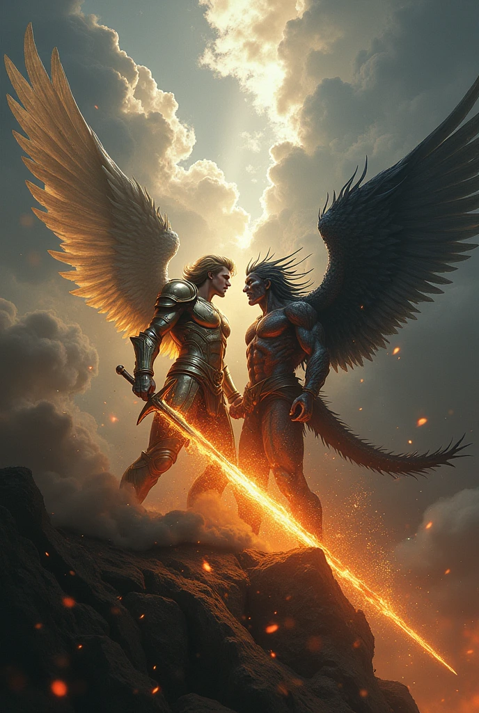 Create an image that describes Saint Michael the Archangel's struggle with Satan