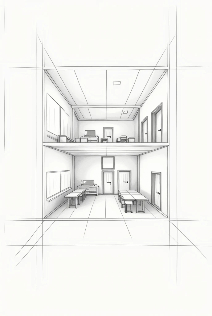 Drawing of a classroom made entirely of geometric figures that is symmetrical, The living room is a little smaller but with the same idea