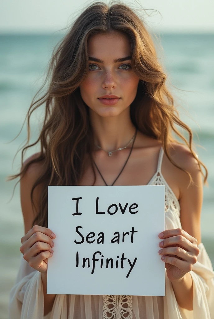 Beautiful girl with wavy long hair, bohemian dress, holding a white board with text "I Love Seaart Infinity" and showing it to the viewer