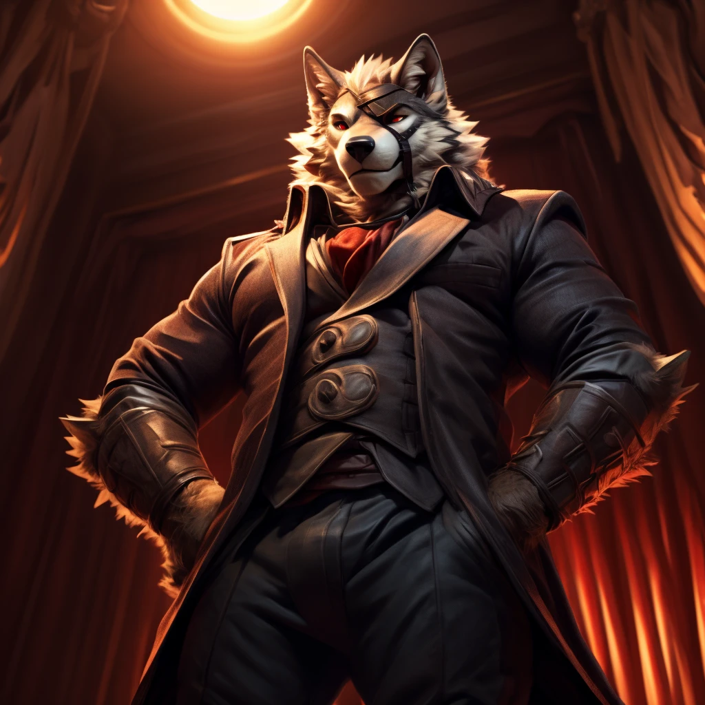 Von Lycaon, Male, Solo, Eye Patch, Hands on Hips, Wolf Tail, Well-groomed fur, Avoid Eye Contact, Fancy Motel Background, Handsome Face, Sexy, Daddy, Fancy Clothes, Detailed eyes, Red eyes, Smile, Pointy Wolf Ears, (Depth of Field, Vibrant Colors, dramatic Lighting, Natural Textures, Wide Angle Lens, Low Angle Close Front Shot), ( by null-ghost, by darkgem, by snartles), 