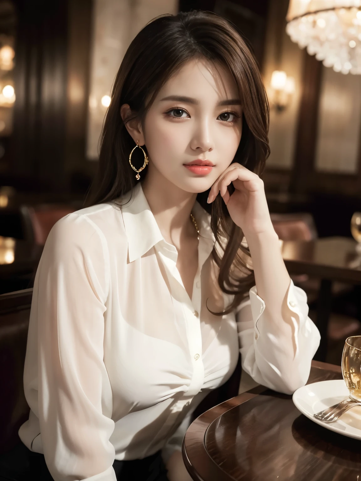 masterpiece, highest quality, Realistic, Very detailed, Finer details, High resolution, 8k wallpaper, One beautiful woman, Wear an elegant see-through blouse, In a great restaurant, At night, Light brown messy hair, Perfect dynamic composition, Beautiful and beautiful eyes、Big earrings、Sitting in a chair、
