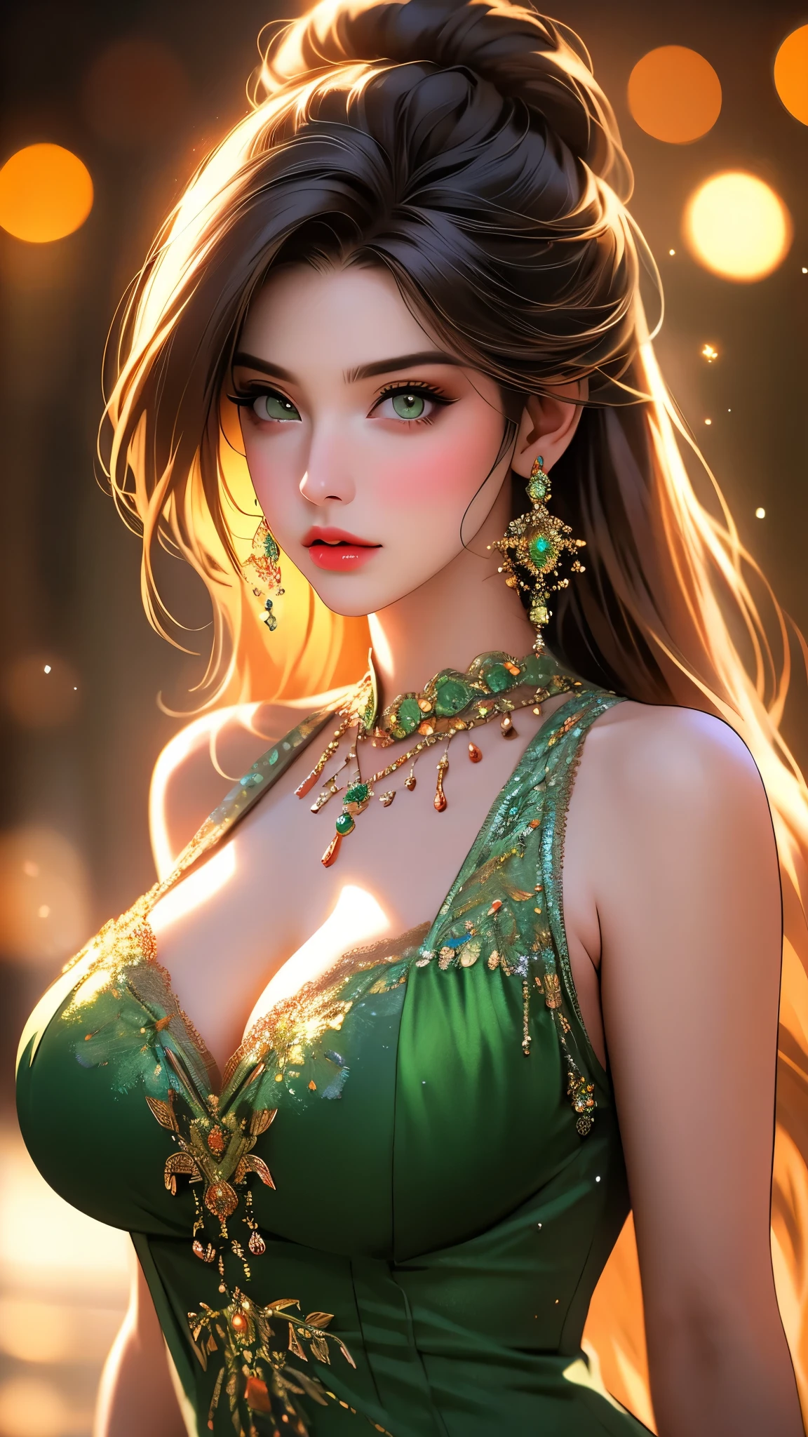 a beautiful woman with detailed green eyes, large breasts, sensual expressions, realistic, photorealistic, photo-realistic:1.37, (best quality,4k,8k,highres,masterpiece:1.2),ultra-detailed, HDR,UHD,studio lighting,ultra-fine painting,sharp focus,physically-based rendering,extreme detail description,professional,vivid colors,bokeh,warm colors,soft lighting