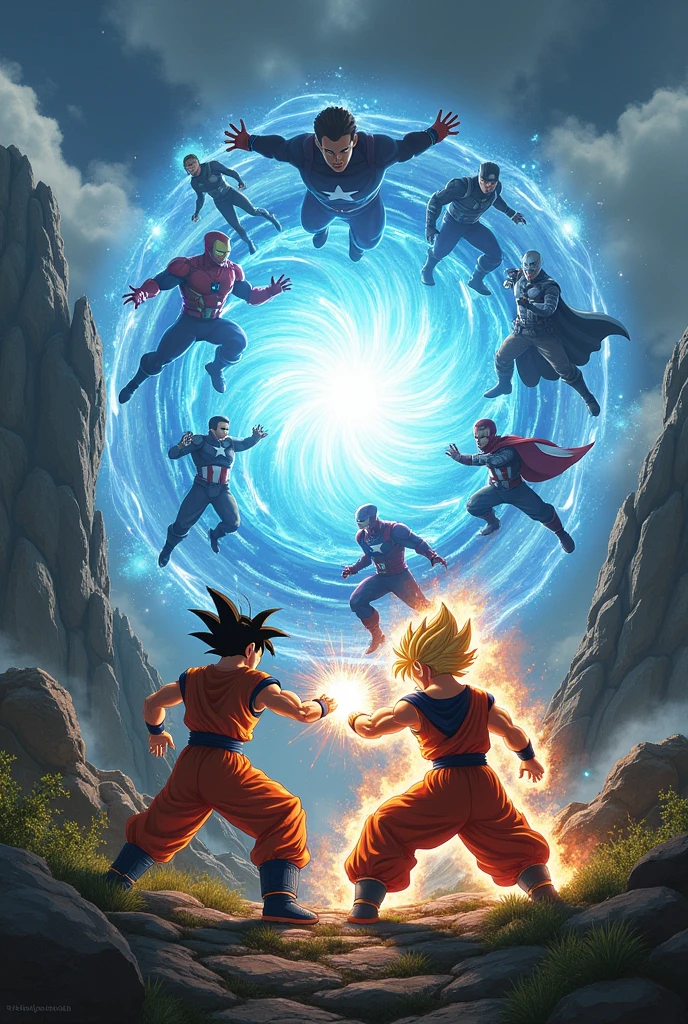 Oh no, The battle of Goku vs Krillin has been interrupted by a portal where the Avengers emerge.