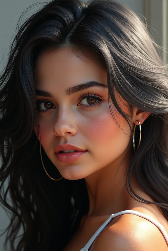 A beautifully contrasted portrait captures the evolution of Selena Gomez over the years: on the left, a vibrant black haired 25-year-old with lush black hair, and on the right, a striking older gray haired 50-year-old with gray hair. This digital artwork showcases the side profiles of both ages in a close-up layout, highlighting the differences and similarities between youth and maturity. The attention to detail is impeccable, from the fine lines on her face to the subtle changes in her expression. The overall effect is both poignant and visually stunning, making this piece a true work of art.