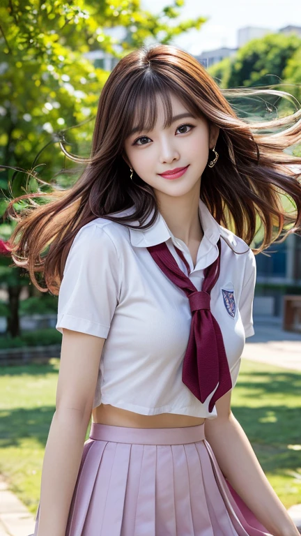 photography of a brightly sangmi nam who is korean actress,masterpiece,photorealistic,analog,realism,korean idol,slim leg, long_brown_hair,1 girl, very bright backlighting, solo, {beautiful and detailed eyes},large breasts,calm expression, natural and soft light, hair blown by the breeze, delicate facial features, Blunt bangs, beautiful korean girl, eye smile, very small earrings, 18yo, ((model pose)), Glamor body type,(half red and half brown hair:1.2), flim grain, realhands, masterpiece, Best Quality, photorealistic, ultra-detailed, finely detailed, high resolution,brown messy hair, perfect dynamic composition, beautiful detailed eyes,Korean girl,((nervous and embarrassed)),sharp-focus, beautymix, FilmGirl,long hair,((smile:1.5)),(head tilted:1.5),(wearing a pink school uniform:1.3),(standing in the park:1.3),(The wind blows your hair:1.4),cowboy_shot