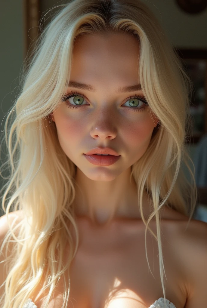 pretty girl, blonde with big green eyes, big breasts, small face with resemblance to billie eilish