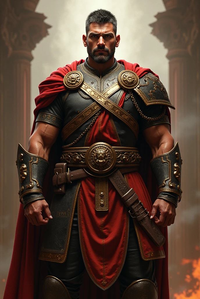 Broad-shouldered and powerfully built, with a chiseled jawline and intense brown eyes. His hair is dark and kept short, often hidden under a helmet or hood. He has a strong, commanding presence that makes him seem larger than life. He has a royal attire.