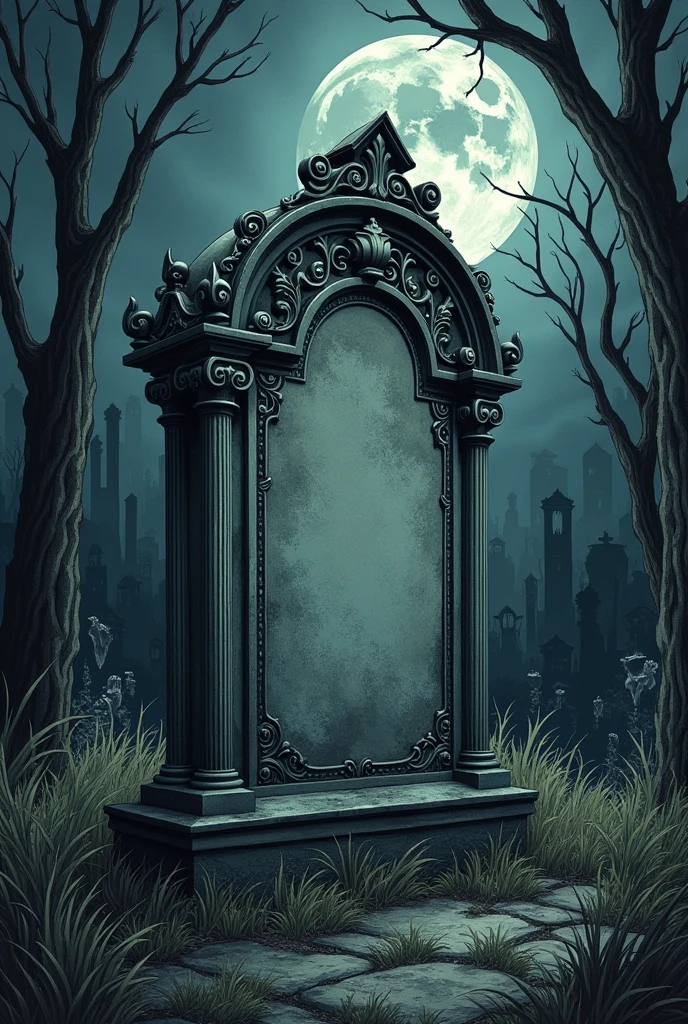 A Tim Burton style drawing of a tombstone in a Tim Burton style gothic cemetery, dark environment