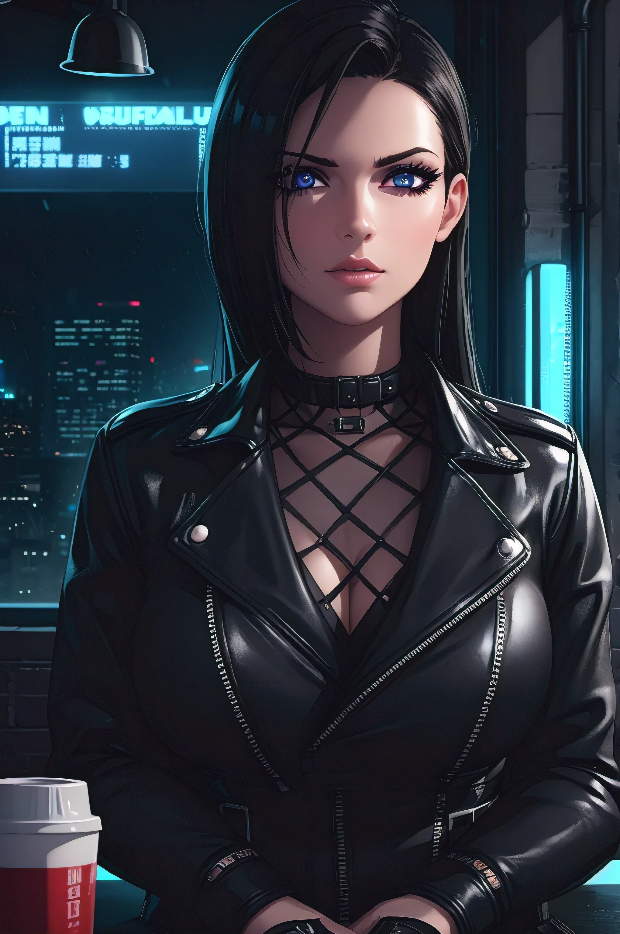 a woman with beautiful detailed eyes, beautiful detailed lips, extremely detailed face, long eyelashes, wearing a black leather jacket, in a cyberpunk cafe at night, raining outside, neon lights, industrial interior, moody atmosphere, cinematic lighting, photorealistic, 8k, high quality, intricate details, masterpiece