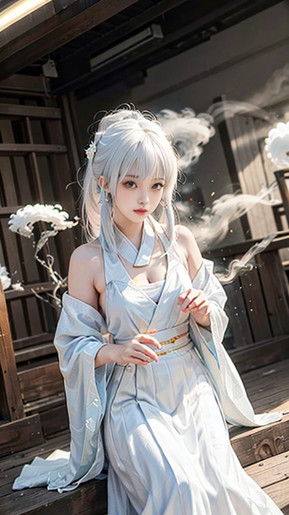 Ultra-high quality, masterpiece, Perfect example, Extremely detailed (Exquisite light and shadow, A very dramatic picture,) , ((White hair:1.5))1 girl, Solitary, (Wear red, black and white Hanfu,) Flower Field, Flowers, (White smoke:1.3) (Practical:1.4), Zen Interweaving, Tangled, Official Art, Unity 8K wallpaper, Very detailed, Pretty and beautiful, masterpiece, best quality, (Dynamic Angle: 1.4), Radiant Skin, (Floating colored flashes: 1) The most beautiful chaotic shapes, elegant, Brutalist design, Vibrant colors, Romantic Depth of Field_dance, half_naked、Show your shoulders、Full breasts、Great cleavage、He designed
