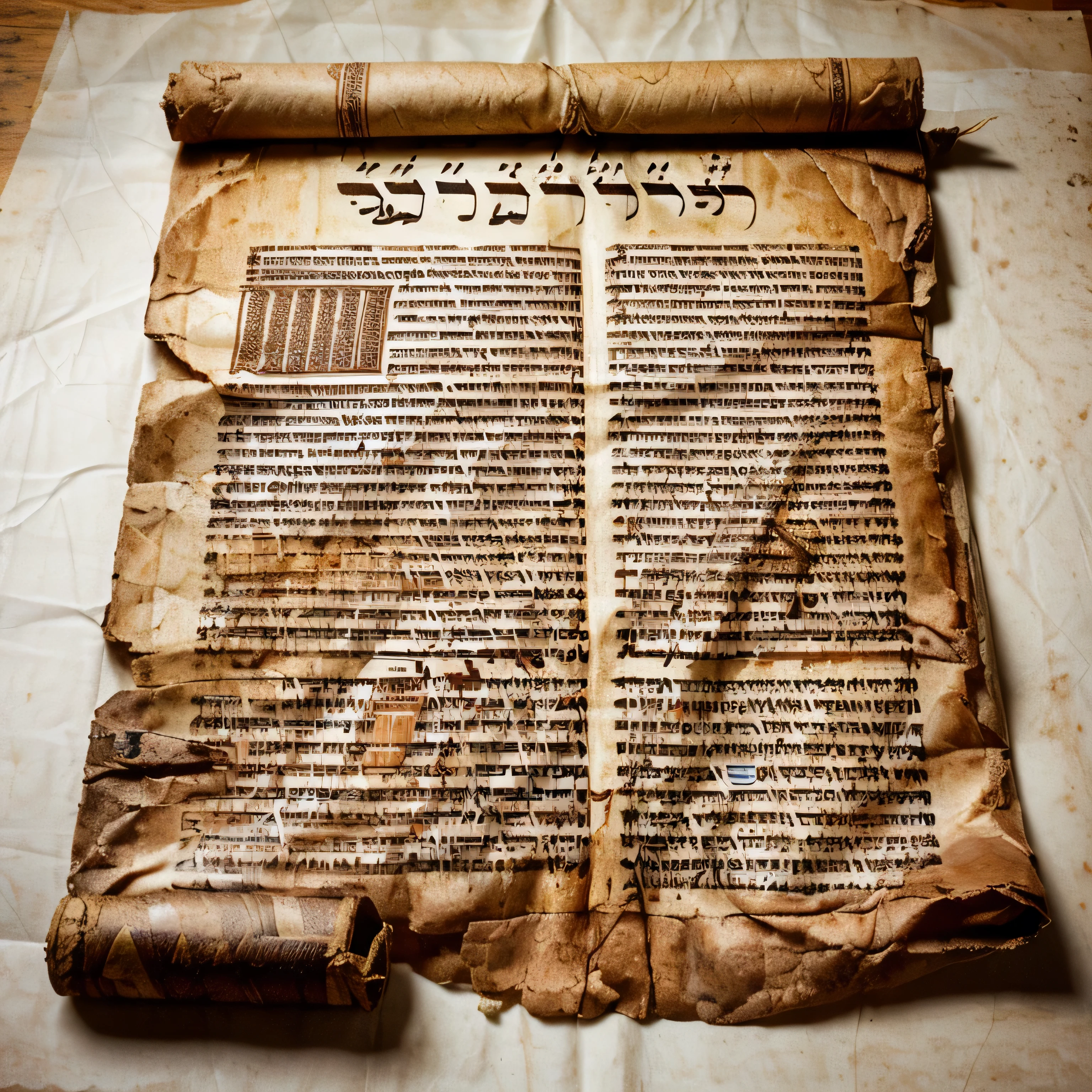 arafed scroll of old hebrew on a table with a piece of paper, Ancient parchment, ancient manuscripts and scrolls, ancient biblical, on old parchment, biblical, por Siona Shimshi, Old Testament, the bible, biblical image, by Itshak Holtz, ancient manuscript, hebrew, on old parchment paper, by Elias Goldberg, by Steven Bell