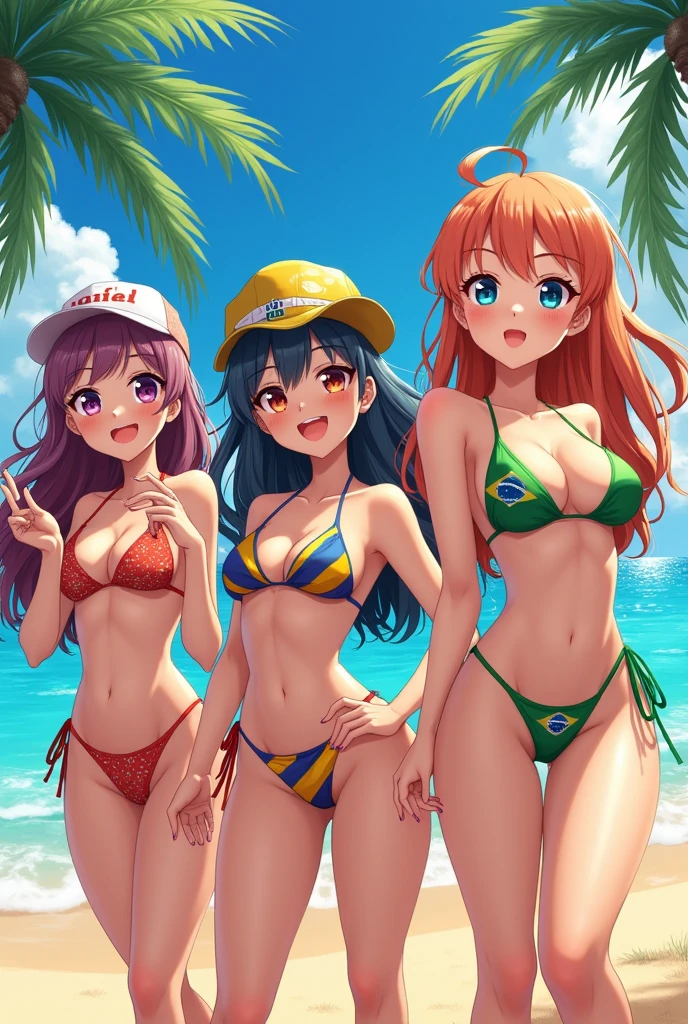 Brazilian anime girls wearing bikinis with Brazil flags at the beach 2D Animation