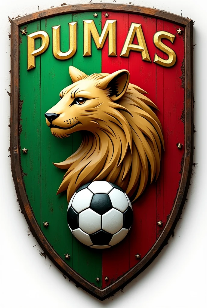 Make a soccer shield with the name of Pumas f.c integrates a green and red ball and flag and the realistic animal, don't forget the name
