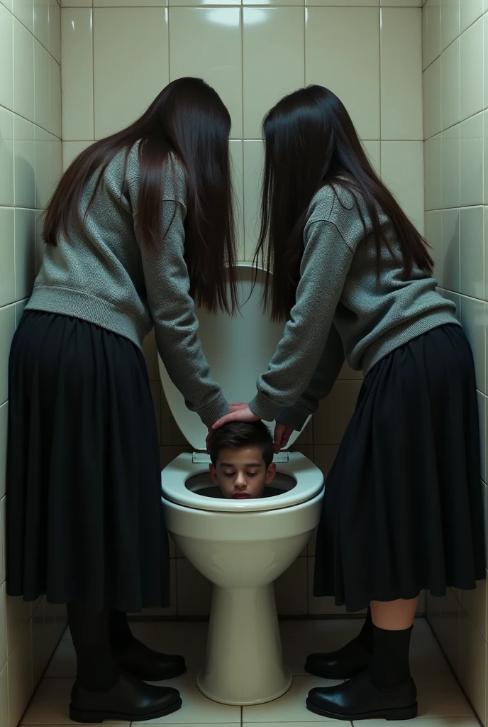 Group of school girls in long black skirts and grey sweaters , long hair shoving dead boy's face into toilet
