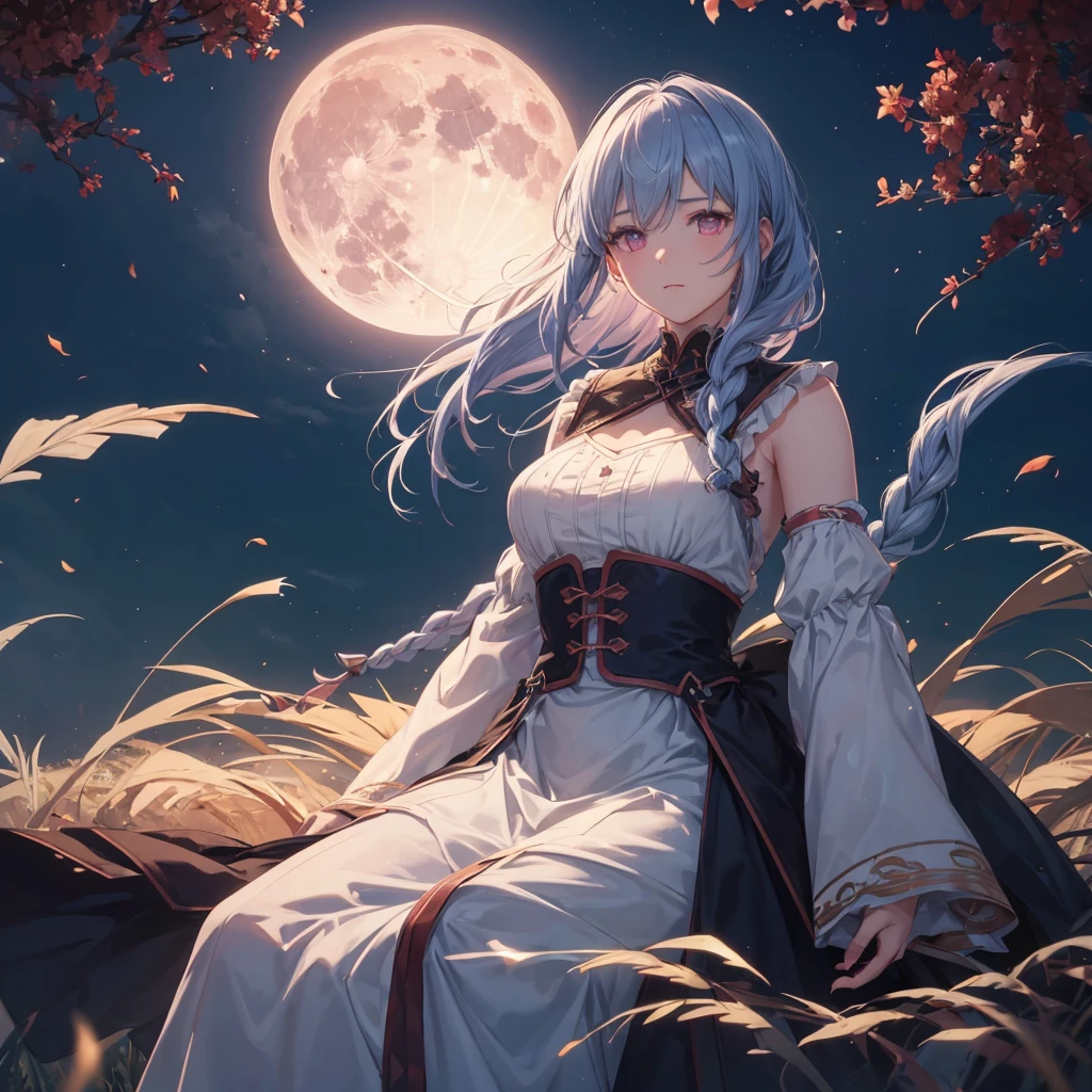 (Braiding),(Sky blue medium hair), (Pink eyes),(Fair skin)  ,(whole body),(One Girl),(harvest moon),(A large amount of Miscanthus sinensis in the background),autumn,(full moon),(masterpiece, Highest quality, Very detailed, Best Shadow), (Detailed Background), (Beautifully detailed face), High Contrast, (Best lighting, Very delicate and beautiful), ((Cinematic Light)), Hyper Detail,8k, Dramatic Light, Intricate details