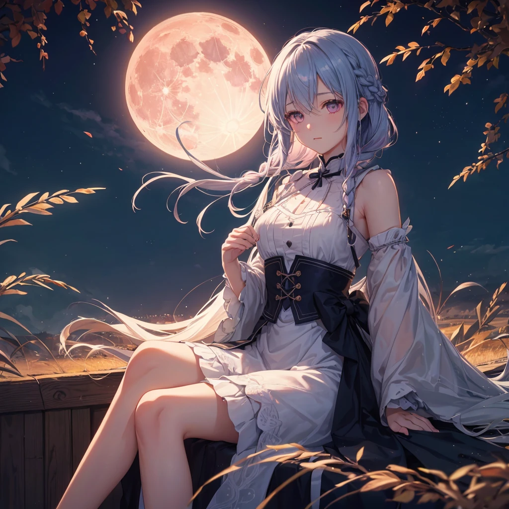 (Braiding),(Sky blue medium hair), (Pink eyes),(Fair skin) ,(whole body),(One Girl),(harvest moon),(A large amount of Miscanthus sinensis in the background),autumn,(full moon),(masterpiece, Highest quality, Very detailed, Best Shadow), (Detailed Background), (Beautifully detailed face), High Contrast, (Best lighting, Very delicate and beautiful), ((Cinematic Light)), Hyper Detail,8k, Dramatic Light, Intricate details