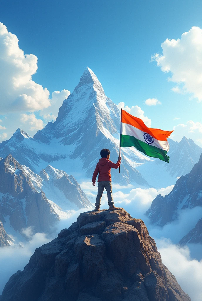 A beautiful mountain a boy in the mountain he is very excitement and he is stand on flag India