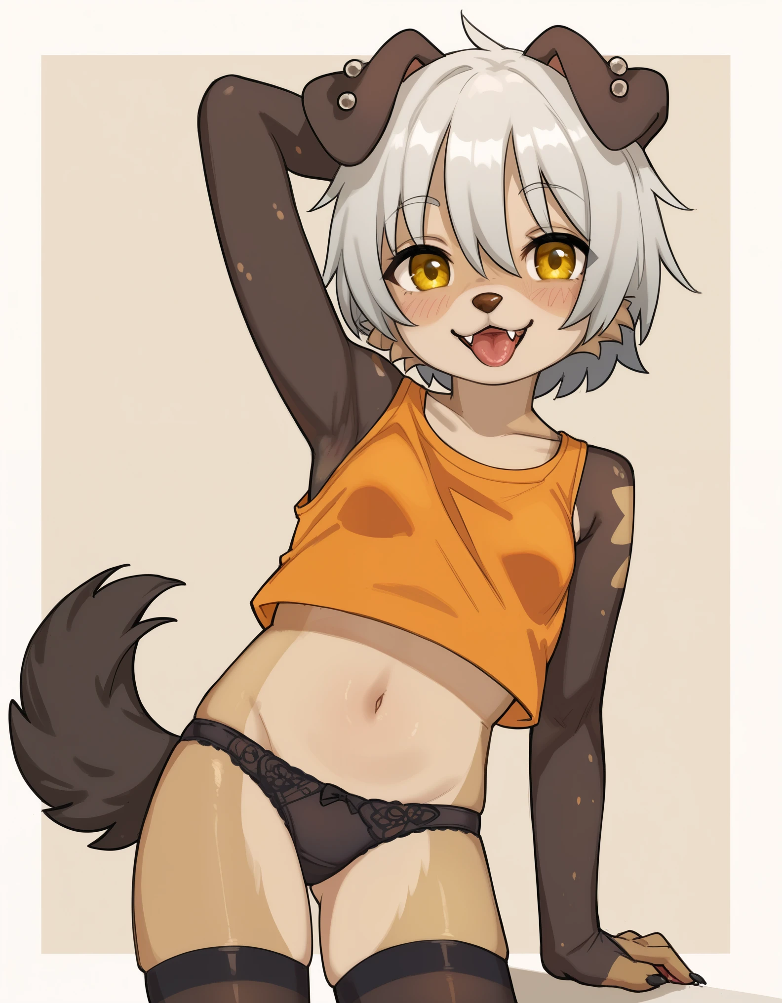 score_9, score_8_up, score_7_up, score_6_up, rating_safe, furry, puppyemonade \\\\(artist\\\\), 1girl, mammal, solo, clothing, anthro, animal ears, tail, canid, furry female, female, canine, panties, furry, underwear, dog ears, navel, black panties, thighhighs, dog tail, hair, domestic dog, blush, yellow eyes, looking at viewer, canis, dog girl, open mouth, clothed, breasts, arm behind head, legwear, crop top, tongue, small breasts, white hair, black thighhighs, fangs, short hair, arm up, piercing, smile, fur, topwear, cowboy shot, body fur, grey hair, midriff, tank top, hair between eyes, claws, animal nose, collarbone,