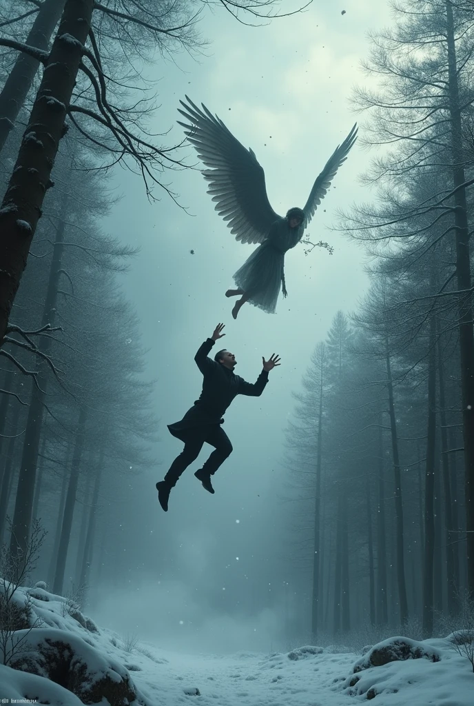 Book cover with a man falling from the sky, Below it there is a forest. A man with wings tries to reach him and above him there are many clouds, It's snowing a little and you can see the snowflakes in the distance, They are both dressed in black and the one who is falling is lying on his back, unconscious.