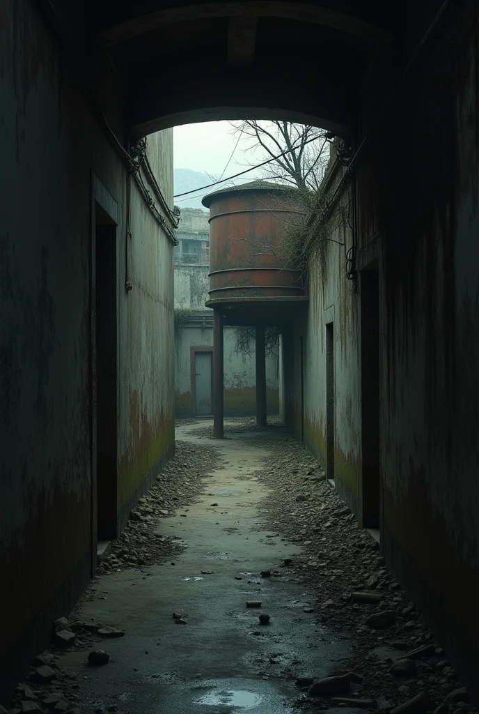 A hall (entrance or passage) dark, narrow, that connects to a courtyard or street, next to the image of a water tank (water tank) ancient, dirty or deteriorated, which adds a feeling of oppression and suffocation.