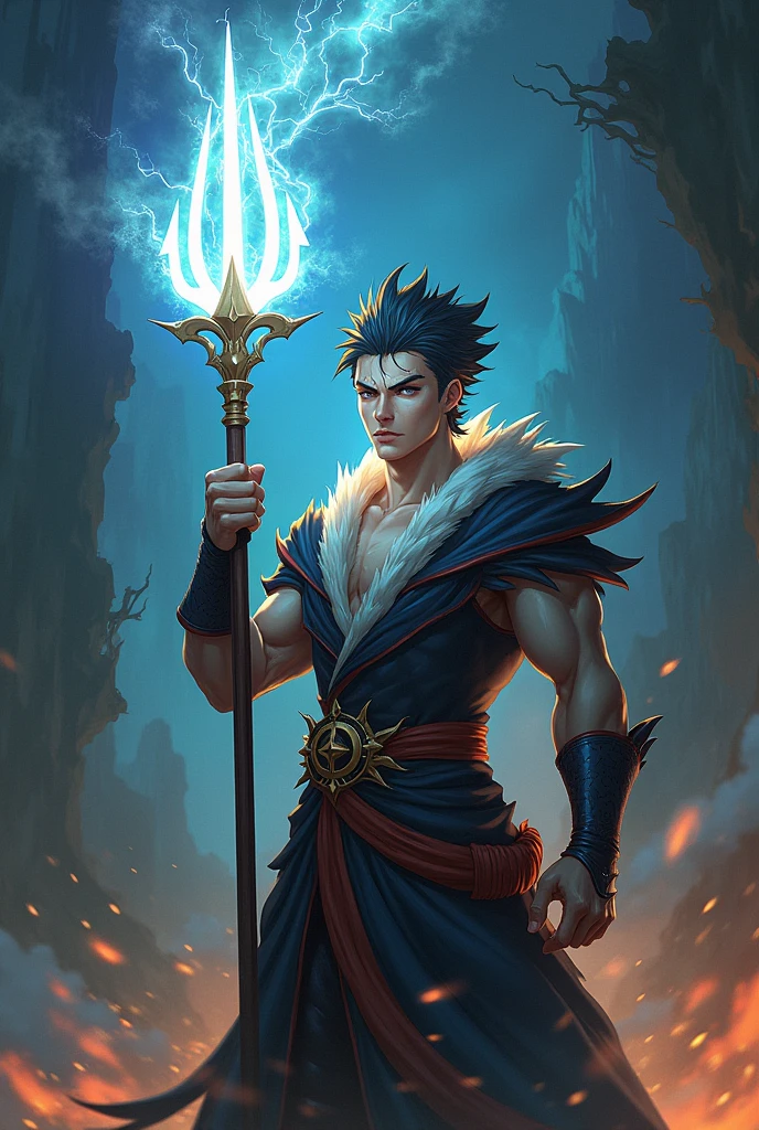 A guy with a bright yellow trident of light ((anime version)) ((realisitic))