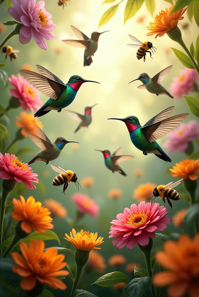 Generate a picture of lots of hummingbirds and bees