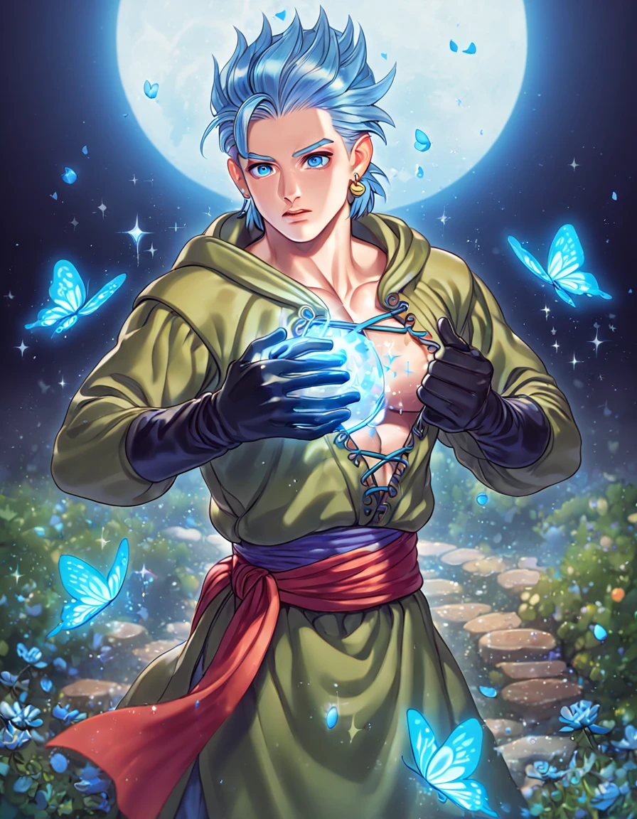 absurdres, highres, ultra detailed, HDR, master piece, best quality, extremely detailed, Erik, light-blue hair, hair slicked up, ruffled hair, expressive blue eyes, Dragon Quest XI, solo, sexy man, handsome, manly man, sensual, horny, hooded dark green tunic with lacing that exposes his chest, a red sash tied around his waist, golden earring, black gloves, fantasy, magic, sparkling, water, blue moon, blue flowers, blue butterflies, blue petals, garden