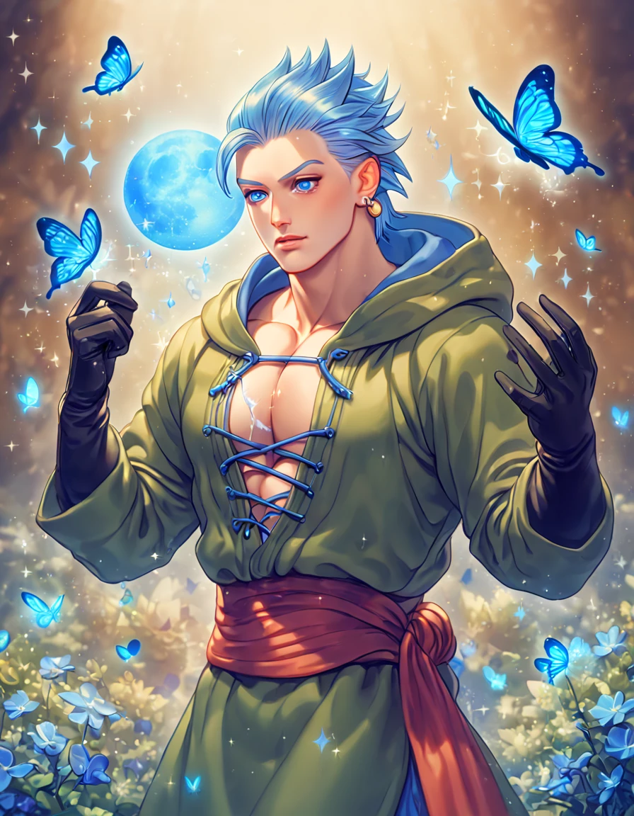 absurdres, highres, ultra detailed, HDR, master piece, best quality, extremely detailed, Erik, light-blue hair, hair slicked up, ruffled hair, expressive blue eyes, Dragon Quest XI, solo, sexy man, handsome, manly man, sensual, horny, hooded dark green tunic with lacing that exposes his chest, a red sash tied around his waist, golden earring, black gloves, fantasy, magic, sparkling, water, blue moon, blue flowers, blue butterflies, blue petals, garden