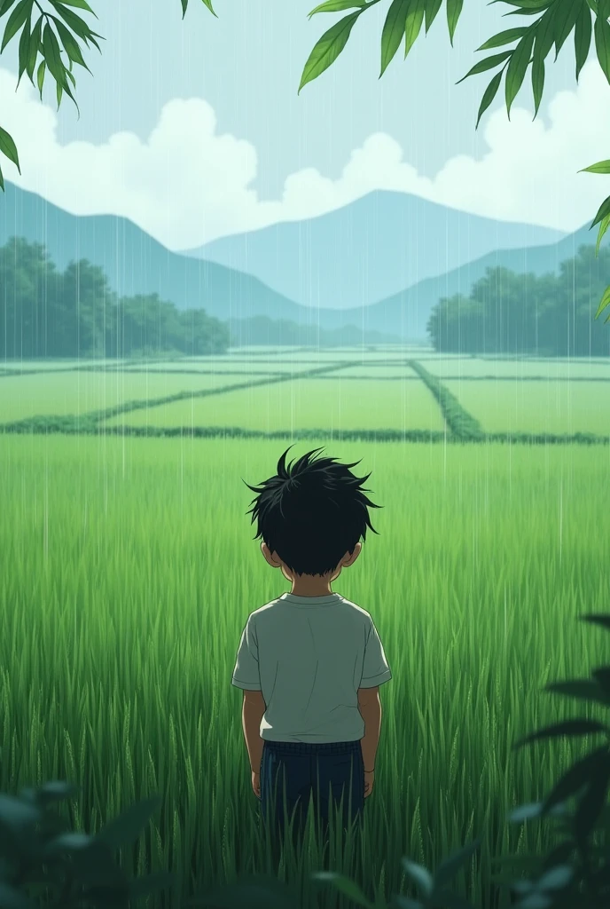 A boy sits watching the rain fall on a rice field.