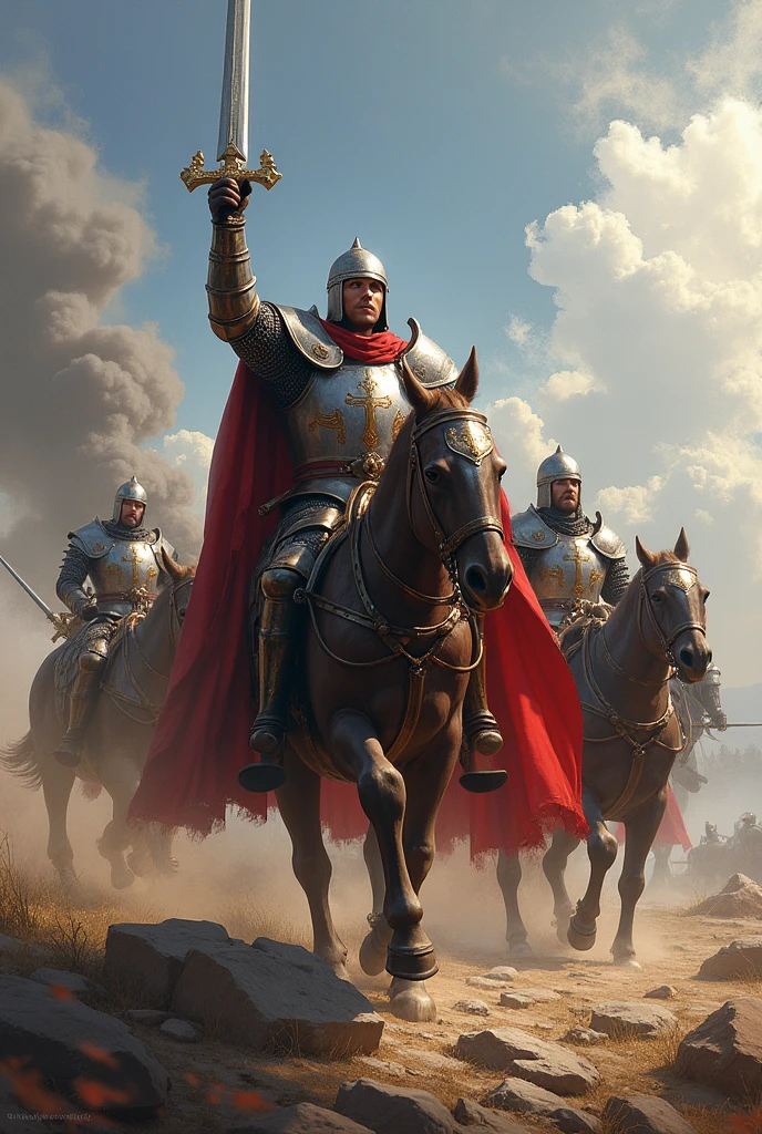 A png commander victorious knight holding a sword with four soldier knights 