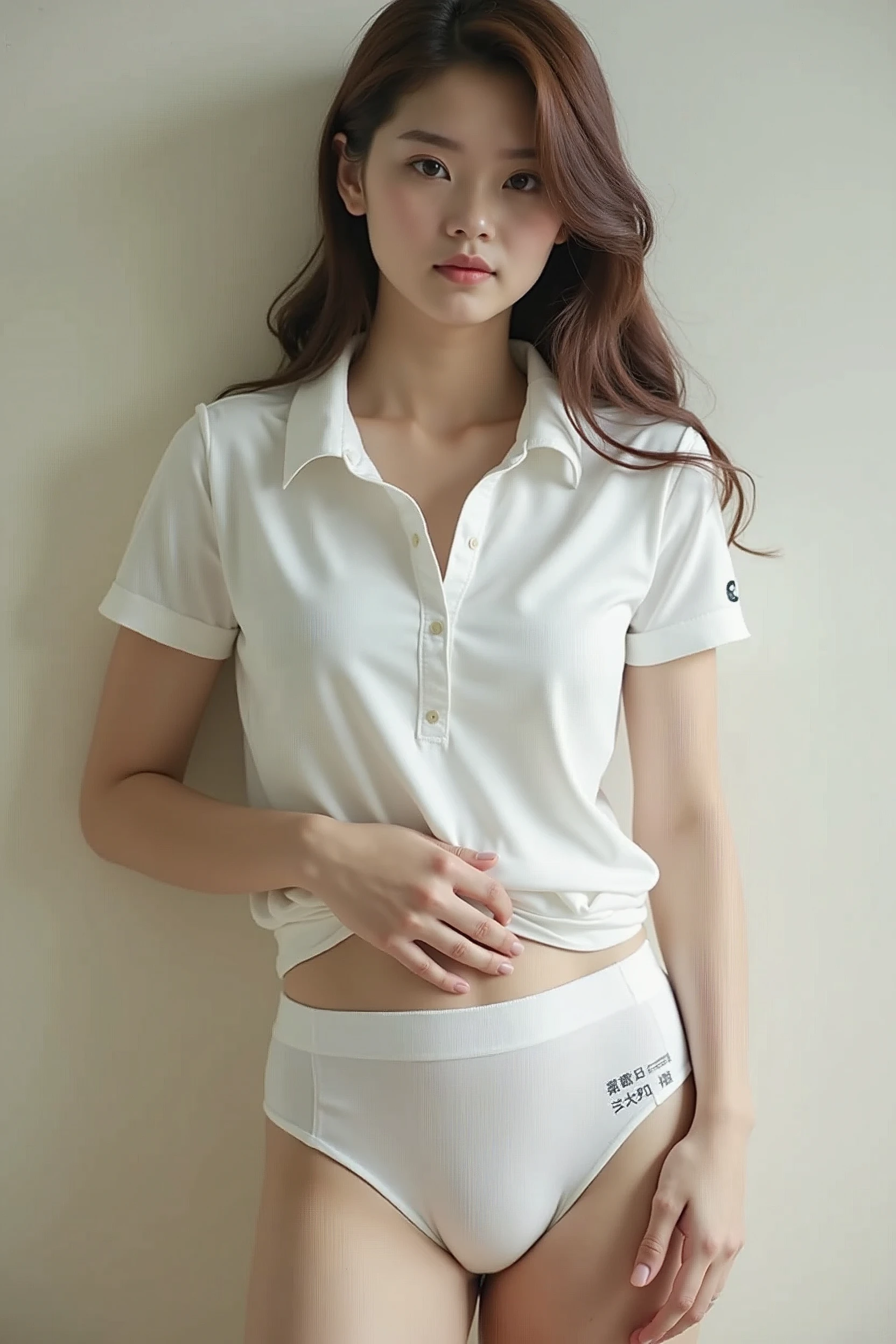 巨乳でブラジャーが透けてるボタンをきっちり一番上まで留めたWhite polo shirtと、黄色い染みのついたWhite briefsを身に着けた美少女が、学校の教室で泣きながらMasturbationさせられていて、それを見ながら周囲のがMasturbationしている.,White polo shirt,White briefs,Masturbation