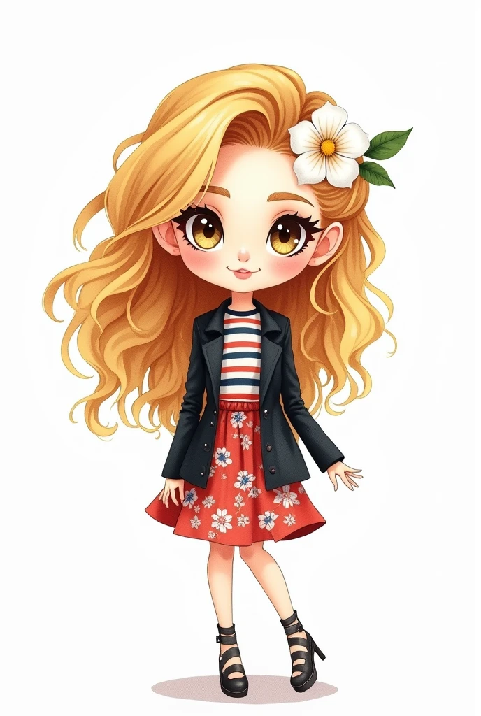 chibi, Watercolor illustration, centered art. The image shows a charming Russian woman with long, curly blonde hair blowing in the wind, she is in a designer style looking at the camera. She is dressed in a black jacket and floral skirt, with a striped blouse underneath, adding a touch of color to her look. A white flower adorns her head, complementing her look. She is standing against a white background.
