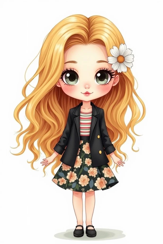 chibi, Watercolor illustration, centered art. The image shows a charming Russian woman with long, curly blonde hair blowing in the wind, she is in a designer style looking at the camera. She is dressed in a black jacket and floral skirt, with a striped blouse underneath, adding a touch of color to her look. A white flower adorns her head, complementing her look. She is standing against a white background.