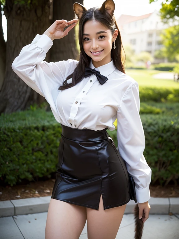 ((Highest quality, 8k)), ((masterpiece)), (Highest Resolution), Perfect Face, Squirrel eared woman, Female college student, Beautiful woman, public, One tail, she has thick thighs, Big squirrel tail, She has a brown squirrel tail., She wags her tail, smile, Fur collar, she is wearing a short skirt, Beautiful Hips , Big Breasts, The skirt is rolled up with a big tail
