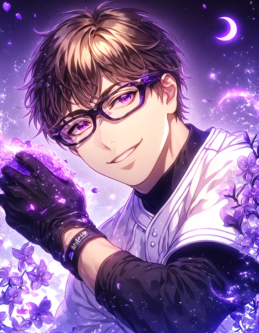 absurdres, highres, ultra detailed, HDR, master piece, Miyuki Kazuya, brown hair, expressive amber eyes, black glasses, white baseball uniform, black gloves, Diamond No Ace, sexy man, handsome, best quality, purple glittering crescent moon, purple flowers, fantasy, magical, solo, water, purple shining fireflies, purple petals, sensual, purple fire, manly man, handsome smile