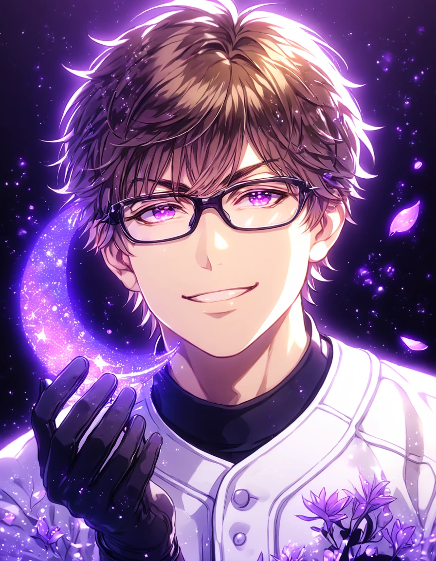 absurdres, highres, ultra detailed, HDR, master piece, Miyuki Kazuya, brown hair, expressive amber eyes, black glasses, white baseball uniform, black gloves, Diamond No Ace, sexy man, handsome, best quality, purple glittering crescent moon, purple flowers, fantasy, magical, solo, water, purple shining fireflies, purple petals, sensual, purple fire, manly man, handsome smile