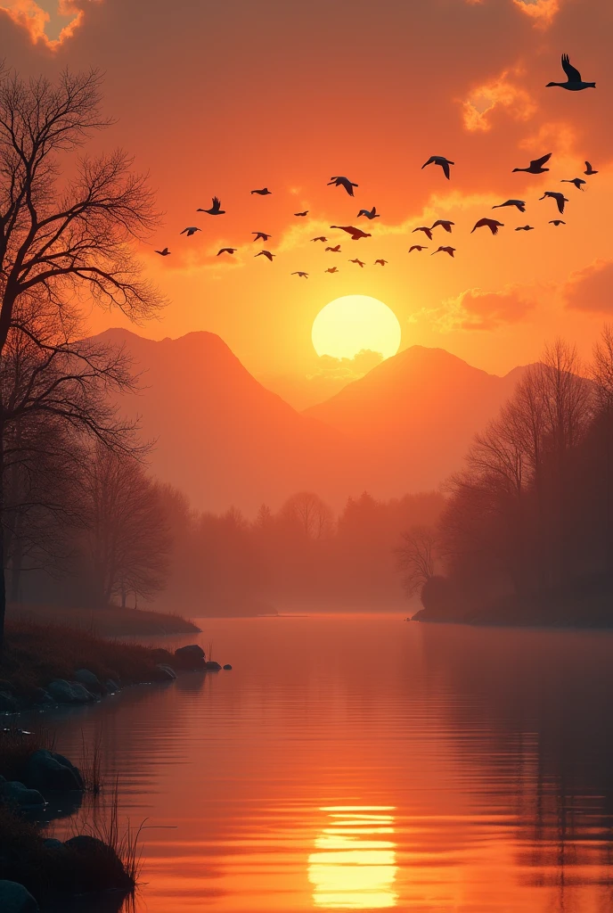 High Quality, Highest Quality Best, Really, Surreal, Super Detail, High Resolution, 8K, Very Realistic, Gale, Complex Details, Official Art, RAW Photographer, Incredibly Funny Resolution, (Super Wide Shot), Holy Light, Dynamic Lighting, Cinematic Lighting, Fine Details, Epic Fantasy Digital Art Style, Full View of Autumn The whole scene is colored in the sunset The warm golden light renders the whole picture The swarms of flying geese fly in formation At the top of the 、 painting, they spread their wings and form beautiful arcs, It seems like they are telling a travel story. The trajectory of the wild goose is clearly visible. Leave a unique line and movement. Below the flying wild geese, it is a luminous autumn sky. Part of the sky is colored warm red by the setting of Azure and clown 、. It is like a flame is burning in the sky It is like a 하늘 shining in the sky The color of the sunset is shining in the sky It is a band of soft orange red on the 띠 sunset, be in harmony with the lake's reflection and view of the lake. The lake is large and calm. It is like a mirror. The reflection on the lake's surface is blurry. It forms mass layers such as orange yellow and dark purple cloudsLost sense of direction, it's like an abstract painting. The mountains that look far away are the serenity that protects this beautiful autumn scenery. The painting is full of peace and harmony. It gives a sense of quiet and distant. The whole painting shows majestic sights. Show the power and beauty of nature. Show off the colorful sunset. The wild geese flying freely against the backdrop of the lake. The painting is full of life and vitality of nature. At the same time, it also reveals calm and deep emotions. Immerse people in the wonder and vastness of nature. Feel the wonder and vastness of nature