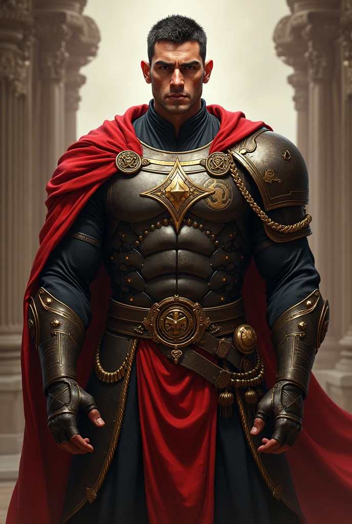 Broad-shouldered and powerfully built in mid 20s with a chiseled jawline and intense brown eyes. His hair is dark and kept short, often hidden under a helmet or hood. He has a strong, commanding presence that makes him seem larger than life. He has a royal attire.